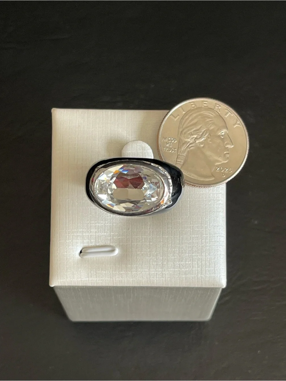 Vintage black enamel & Clear Oval Crystal Cocktail Ring.